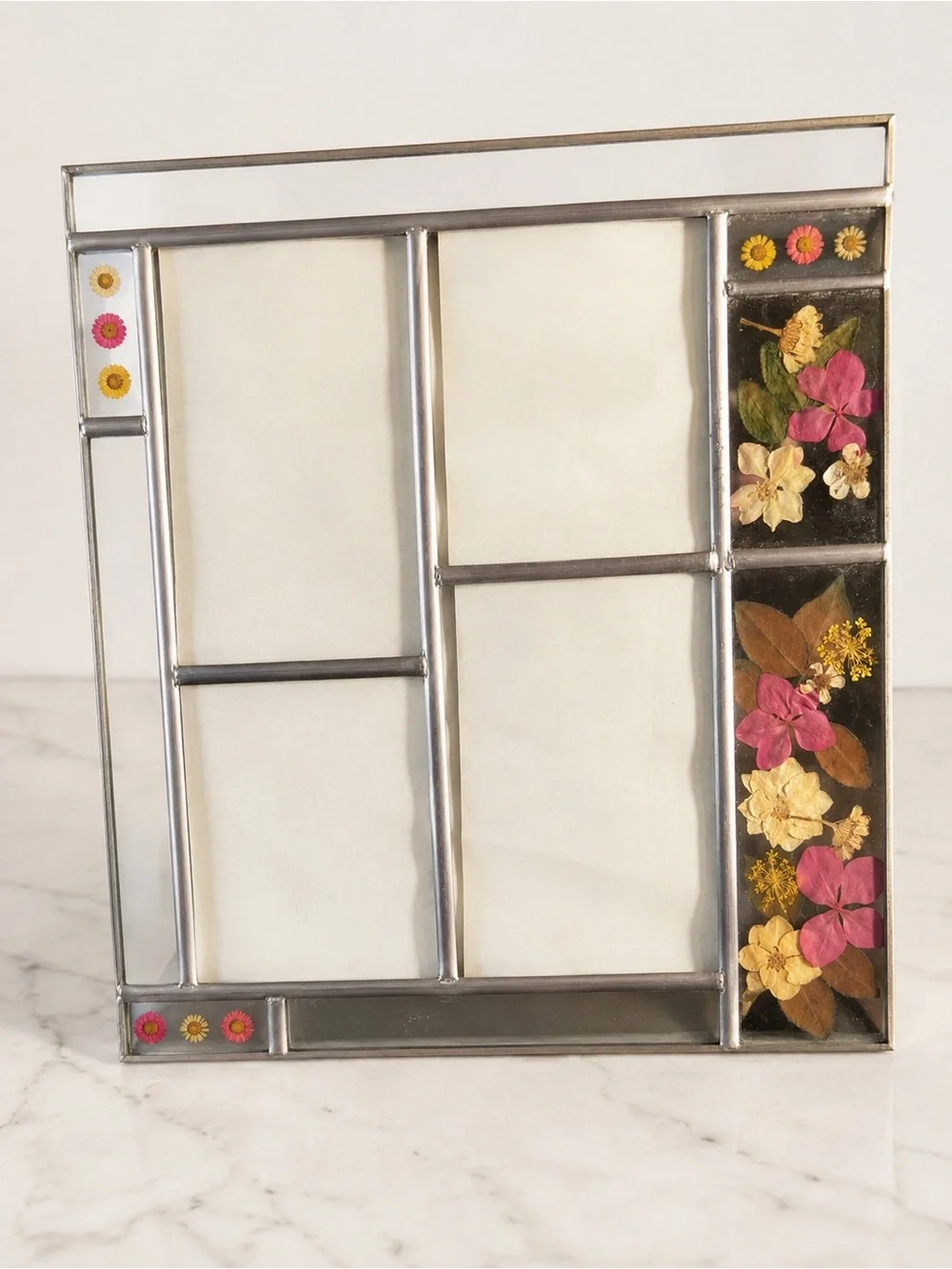 Vintage Leaded Glass Pressed Flower Collage Picture Frame Cottagecore 11 x 8.5